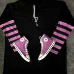 تیشرت مشکی آستین راه راه بنفش فول لش